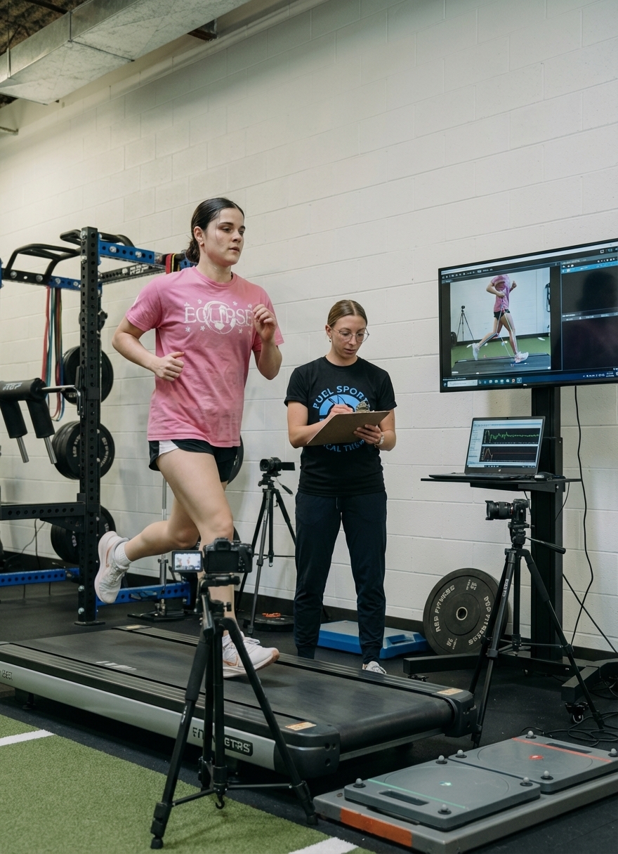 Patient performing running analysis at a performance physical therapy clinic in Northbrook